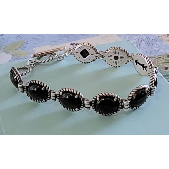 CAROLYN POLLACK Sterling Silver 9 Oval Genuine Onyx Reversible Link Bracelet - Picture 1 of 3